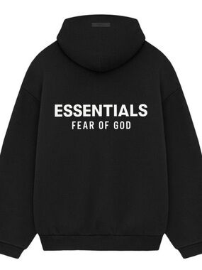Fear of God ESSENTIALS Black Hoodie with White Back Logo